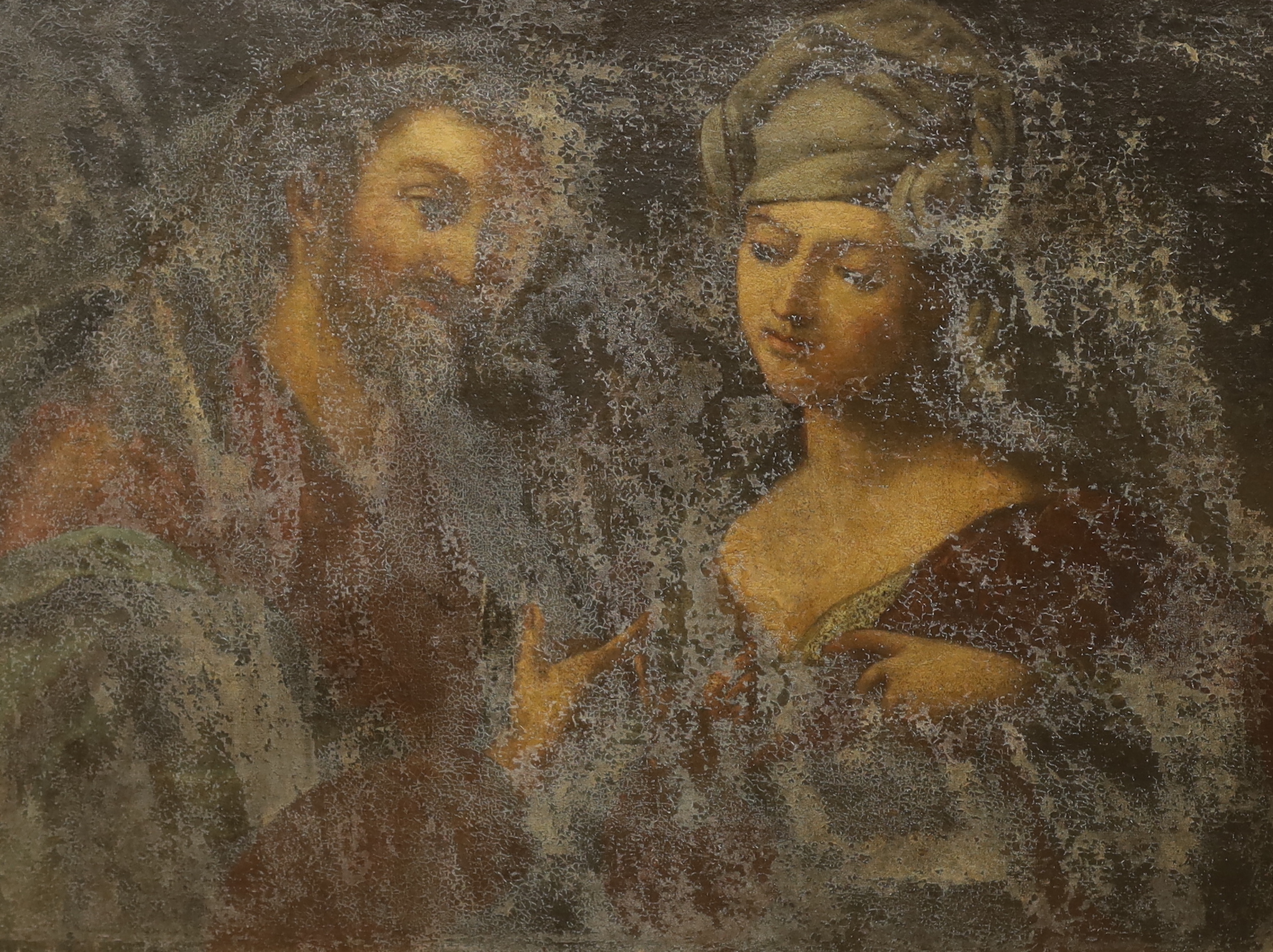 19th century school, oil on canvas, Mary Magdalene and Christ, 74 x 100cm, unframed